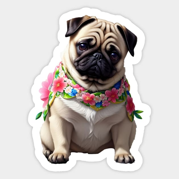 Pug Puppy in Flowered Scarf Sticker by fur-niche